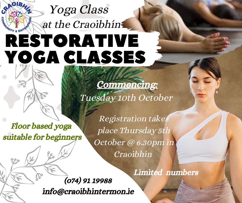 Yoga Classes commencing Tuesday 10th October 🧘‍♀️🧘
Classes will run Tuesday evenings 7pm-8pm &amp; Thursday Mornings 10.30am-11.30am
€60 for block of 6 weeks

🧘Registration takes place Thursday 5th October at 6.30pm in Craoibhín

🌟Numbers are limited🌟
#yoga