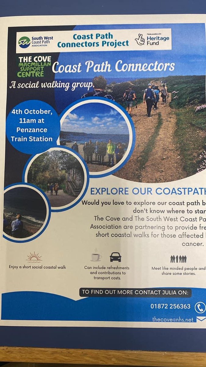 The Cove Macmillan Support Centre (@covemacmillan) on Twitter photo Walking Group for those affected by cancer
Wed 4th October 11am, meet at Penzance Train Station
Explore the South West Coast Path <a href="/RCHTWeCare/">Royal Cornwall Hospitals NHS Trust</a> <a href="/swcoastpath/">South West Coast Path Association</a> <a href="/macmillancancer/">Macmillan Cancer Support</a> <a href="/MacmillanKernow/">MacmillanKernow</a> <a href="/HeritageFundUK/">The National Lottery Heritage Fund</a> Walking Group for those affected by cancer
Wed 4th October 11am, meet at Penzance Train Station
Explore the South West Coast Path <a href="/RCHTWeCare/">Royal Cornwall Hospitals NHS Trust</a> <a href="/swcoastpath/">South West Coast Path Association</a> <a href="/macmillancancer/">Macmillan Cancer Support</a> <a href="/MacmillanKernow/">MacmillanKernow</a> <a href="/HeritageFundUK/">The National Lottery Heritage Fund</a>
