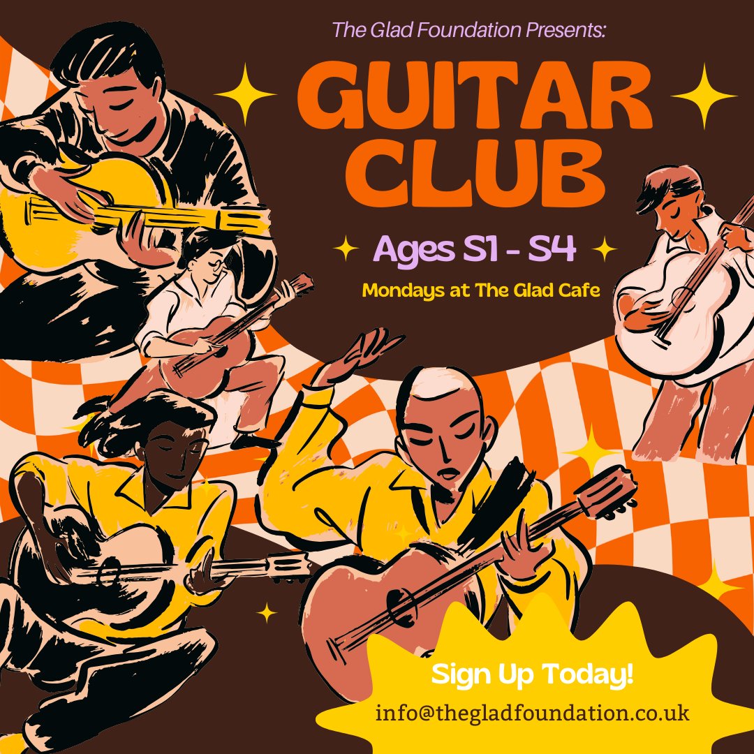 Our Guitar Club for S1 - S4 is back! Mondays 4:30 - 5:30pm at the Glad Cafe. info@thegladcafe.co.uk to join <3