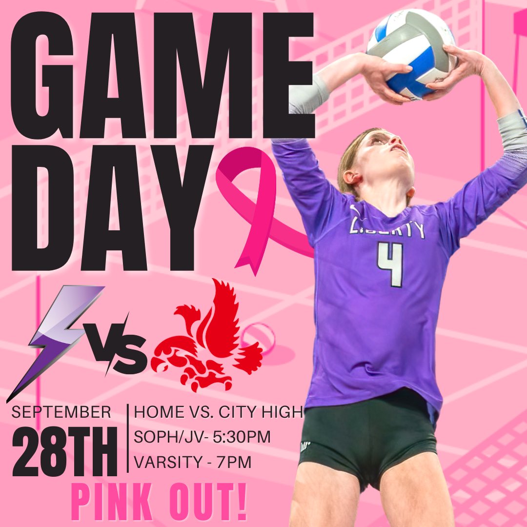 IT’S PINK GAME DAY!!⚡️🏐
🆚 City High (<a href="/cityhighvb/">City High Volleyball</a>)
📍Liberty High School
⏰ Sophs/JV: 5:30pm,Varsity: 7pm
🎀 Pink Out
📢 <a href="/LHSStudentsec_/">BOLT NATION😈</a> join us to support our girls and Team Breast Friends! Great volleyball &amp; events like Mad Money Dash &amp; basket raffle too. WEAR PINK &amp; go bolts!