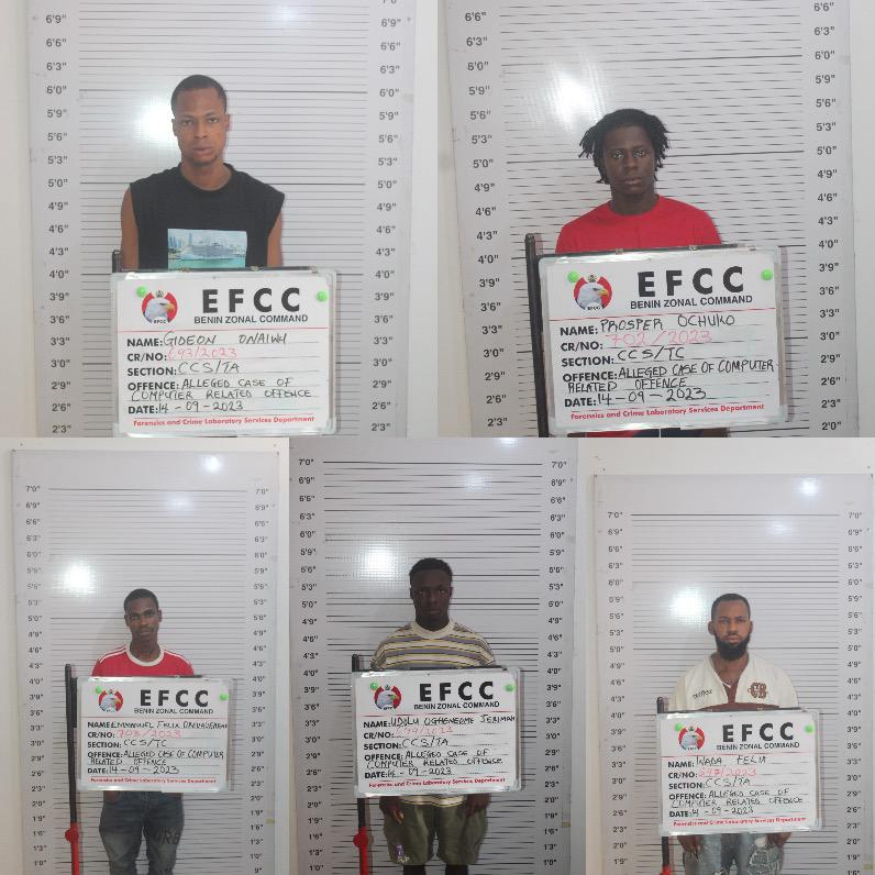 officialEFCC's tweet photo. Court Sends Siblings, 15 Others to Prison in Benin City

Two brothers, Ochuko Godfrey and Ochuko Prosper, and 14 others were on Tuesday, September 26, 2023, convicted and sentenced to various jail terms by Justice Efe Ikponmwonba of Edo State High Court sitting in Benin City, Edo State.
 
The others are Prosper Enahoro, Ogheneoma Udolu, Raymond Edise, Akai Philip Onochie, Osayi Kennedy Obaseki, Joshua Ngerem, Oghogho Marvelous Ekpuke, Stanley David, Jackson Shebenor, Felix Orevaoghene Emmanuel, Gideon Onaiwu, Johnson Godspower Oghenevwegba, Godspower Emmanuel Jerimaiah, and Felix Wada.
 
The convicts were arraigned separately on one-count charge of impersonation and possession of fraudulent documents by the Benin Zonal Command of the Economic and Financial Crimes Commission, EFCC.
 
They were arrested by operatives of the Commission based on actionable intelligence on their alleged internet fraud-related activities. Upon investigation, the convicts were discovered to be involved in different variants of internet fraud. For instance, Ochuko Godfrey impersonated one Richard Williams and Antonio Matthew in his attempt to defraud unsuspecting victims.
 
 The charge against Joshua Ngerem reads: “that you, Joshua Ngerem on or about 8th September, 2023 within the jurisdiction of this Honourable Court did have in your possession documents which you knew or ought to have known contain a false pretence and thereby committed an offence contrary to Sections 6 and 8 of the Advance Fee Fraud and Other Fraud Related Offences Act.2006 and punishable under Section 1(3) of same Act”.
 
Upon arraignment, the defendants pleaded guilty to their respective charges prompting the prosecution counsel, F.A. Jirbo, I.M Elodi, I.K Agwai, A. A. Ibrahim, I.Faisal and AS Bala-Riba to pray the court to convict and sentence them accordingly.

Justice Ikponmwonba convicted and sentenced Udolu, Idise, Ngerem, Emmanuel, Jerimaiah, and Onaiwu to three years imprisonment or a fine of Three Hundred Thousand Naira.
 
The duo of Enahoro and David bagged three years imprisonment with an option of Five Hundred Thousand Naira each.
 
Shebenor, Ekpuke, Prosper, Godfrey, Wada and Oghenevwegba bagged three years imprisonment or a fine of Two Hundred Thousand Naira each.
 
Onochie was sentenced to two years imprisonment with an option of Four Hundred Thousand Naira while Obaseki was sentenced to three years imprisonment or a fine of One Hundred Thousand Naira.
 
The judge ordered the forfeiture of the convicts' mobile phones, one HP Laptop and the balance in their bank accounts, being proceeds of crime, to the Federal government of Nigeria. The court further ordered that the bank accounts be closed.

In a similar development, Justice S. M. Shuaibu of the Federal High Court sitting in Benin City on Tuesday convicted and sentenced Anah Trust Avwerosuo to two years imprisonment or a fine of N200,000 for his involvement in internet fraud. Avwerosuo had impersonated Henri-Alva-Rezi, an American, to defraud his victims.
