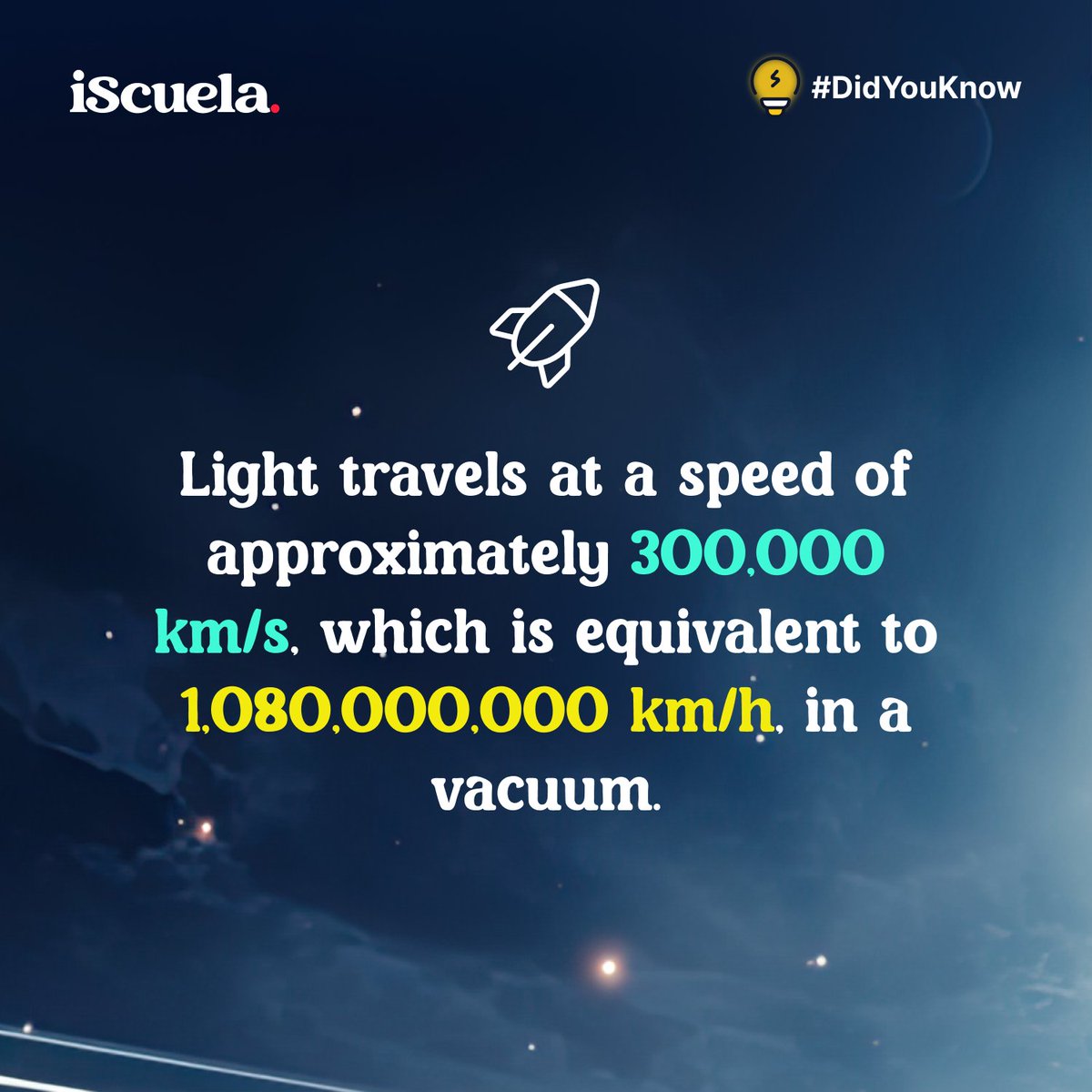 iScuela's tweet photo. 💫 Light, the cosmic speedster! In a vacuum, it travels at a mind-boggling speed of about 299,792,458 m/s which is roughly equivalent to 300,000 km/s. Imagine the journey through the cosmos! 🌌🚀 #SpeedOfLight #CosmicWonders #DidYouKnow #ScienceFacts #iScuela #EducationForAll https://t.co/c0F1AityjW
