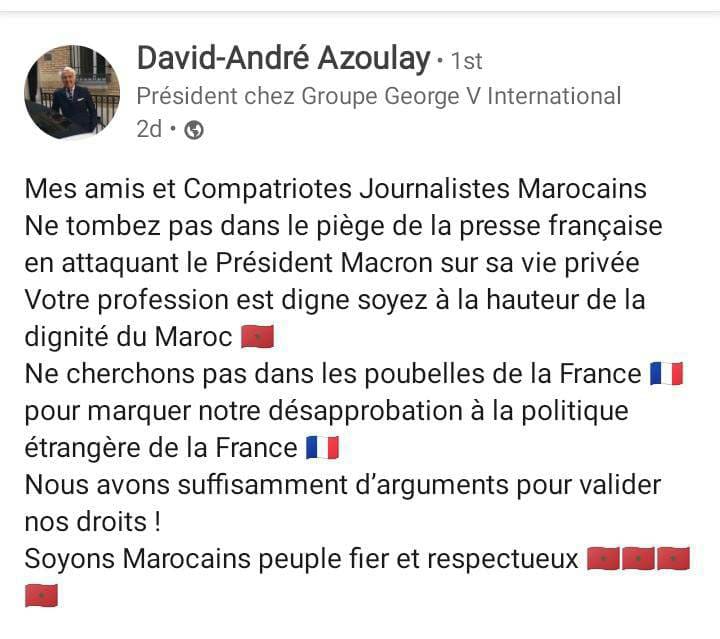 Vous vous trompez @andre_azoulay. Ce n'est pas aux journalistes du #Maroc que vous devez vous adresser. C'est au pouvoir qui utilise une presse aux ordres (@Le360fr) pour s'attaquer à la vie privée d'@EmmanuelMacron. Place du Maroc au Press Freedom Index de @RSF_fr: 144. @Elysee