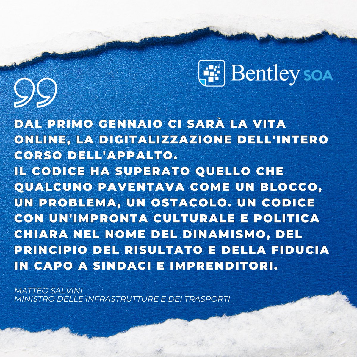 Le parole del Ministro <a href="/matteosalvinimi/">Matteo Salvini</a> sono importanti per noi di #BentleySOA che da anni siamo impegnati nel raggiungere la digitalizzazione del settore degli Appalti. 
Strumento rilevante non solo in termini di semplificazione ma anche di trasparenza.

#digitalizzazione