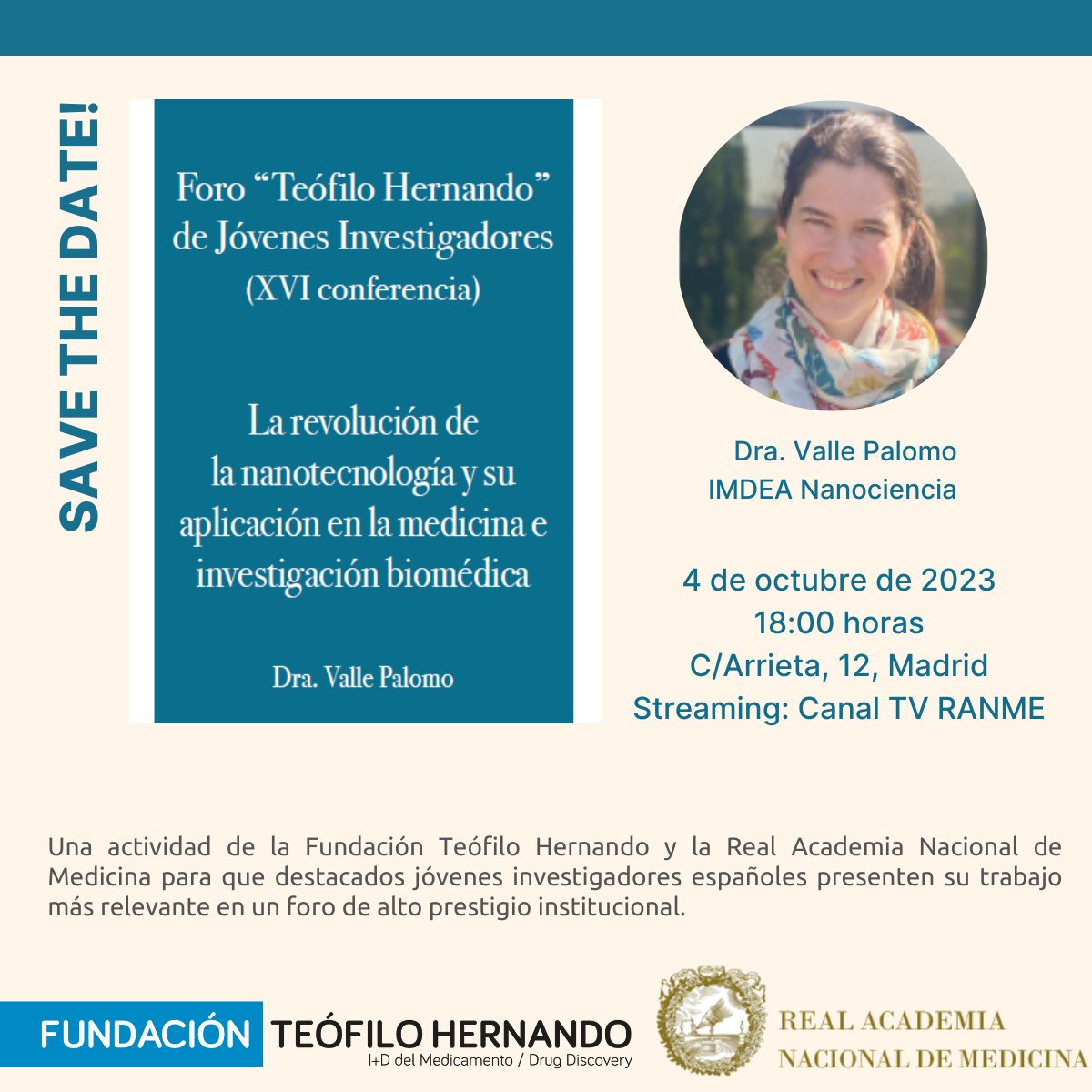 FundacionTH's tweet photo. Este miércoles, 4 de octubre, te esperamos en el 16º #ForoTH para conocer las aplicaciones de la #nanotecnología en la #medicina y la #investigación biomédica. ¿Te vienes? 👇
🗓️4/10/2023 a las 18:00 h
📍@ranme y Canal TV #RANME
▶️https://t.co/HrL488Z9sn
@AsisaSalud https://t.co/Gvq5t14348