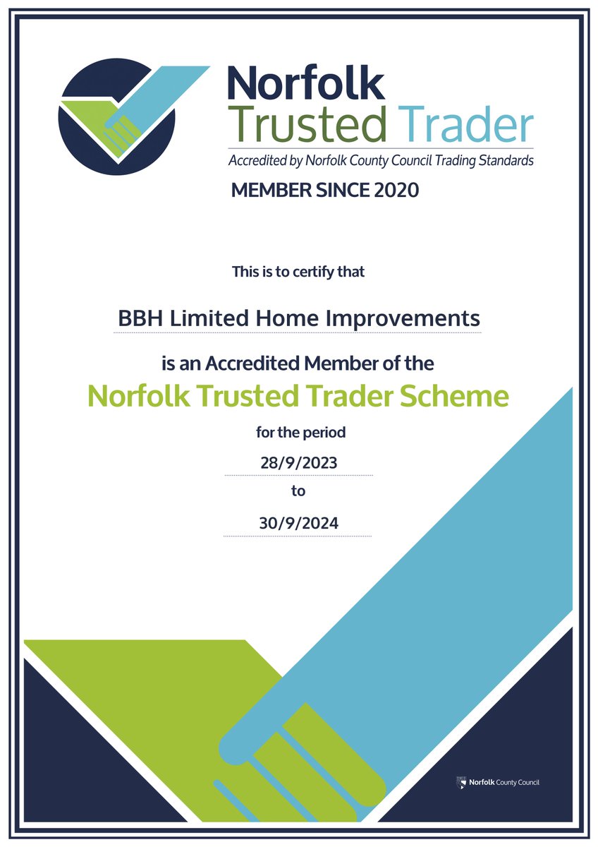 Proud to continue our membership to <a href="/NorfolkCCTS/">Norfolk County Council Trading Standards</a> 

BBH Limited Home Improvements - Norfolk Trusted Trader trustedtrader.team/Norfolk/BBH-Li…