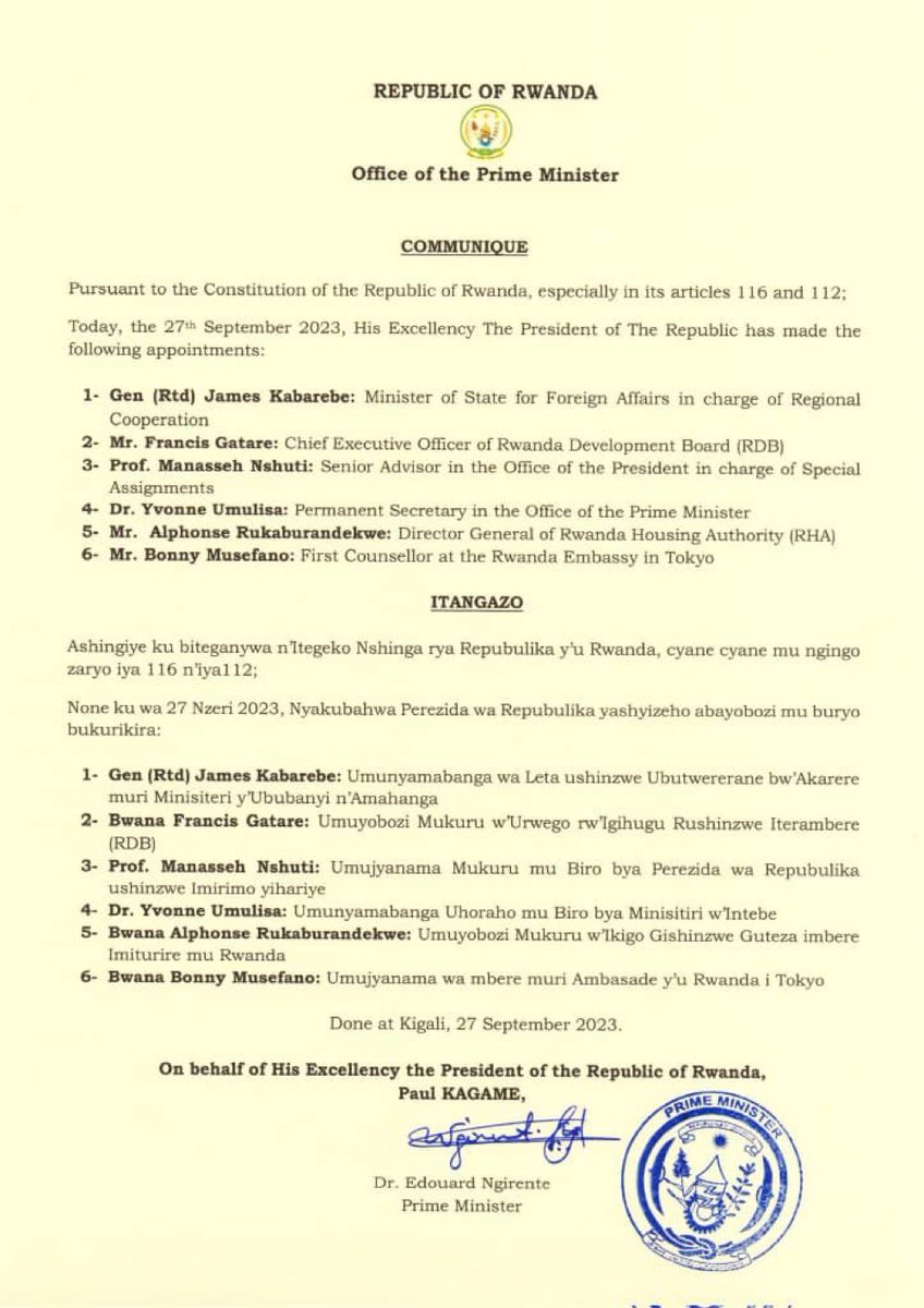 Francis K. Gatare (@francis_gatare) on Twitter photo I am humbled by the trust & confidence, thank you HE <a href="/PaulKagame/">Paul Kagame</a> for the new assignment. Honoured to join the super talented & committed team <a href="/RDBrwanda/">Rwanda Development Board</a> and pledge to give it my all, to listen & learn. The Vision: Advance Public-Private partnership as engine of Rwa’s Econ growth. I am humbled by the trust & confidence, thank you HE <a href="/PaulKagame/">Paul Kagame</a> for the new assignment. Honoured to join the super talented & committed team <a href="/RDBrwanda/">Rwanda Development Board</a> and pledge to give it my all, to listen & learn. The Vision: Advance Public-Private partnership as engine of Rwa’s Econ growth.