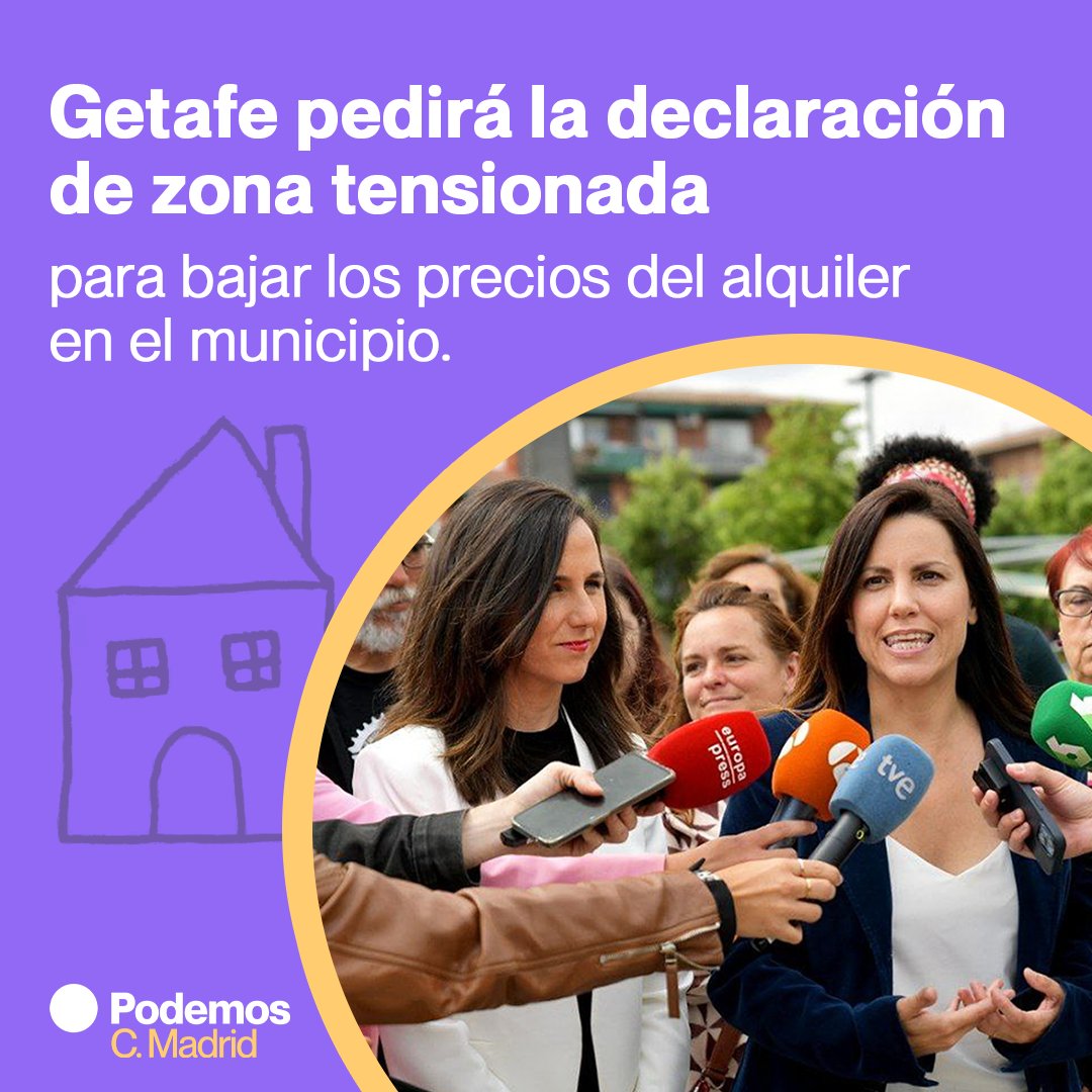 Getafe quiere bajar los precios del alquiler, por eso declararán toda la ciudad zona tensionada  👏🏘

Ayuso está obligada a aplicar de inmediato la #LeyDeVivienda impulsada por @IoneBelarra para garantizar una vivienda asequible para todas.

Donde gobierna Podemos, cumplimos💜
