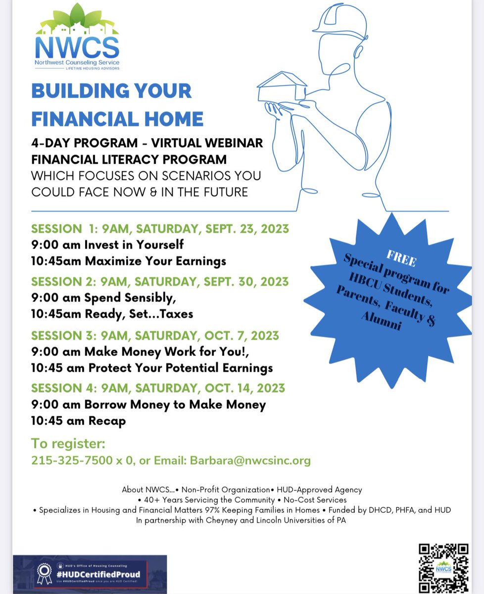 📢Calling all Cheyney &amp; Lincoln U grads, students, parents and faculty: Northwest Counseling Service, Inc. Is hosting #Free financial management courses. If you or your 18yo+ adult child wants to improve credit, build credit, buy a home call 215-298-0217 to register.
