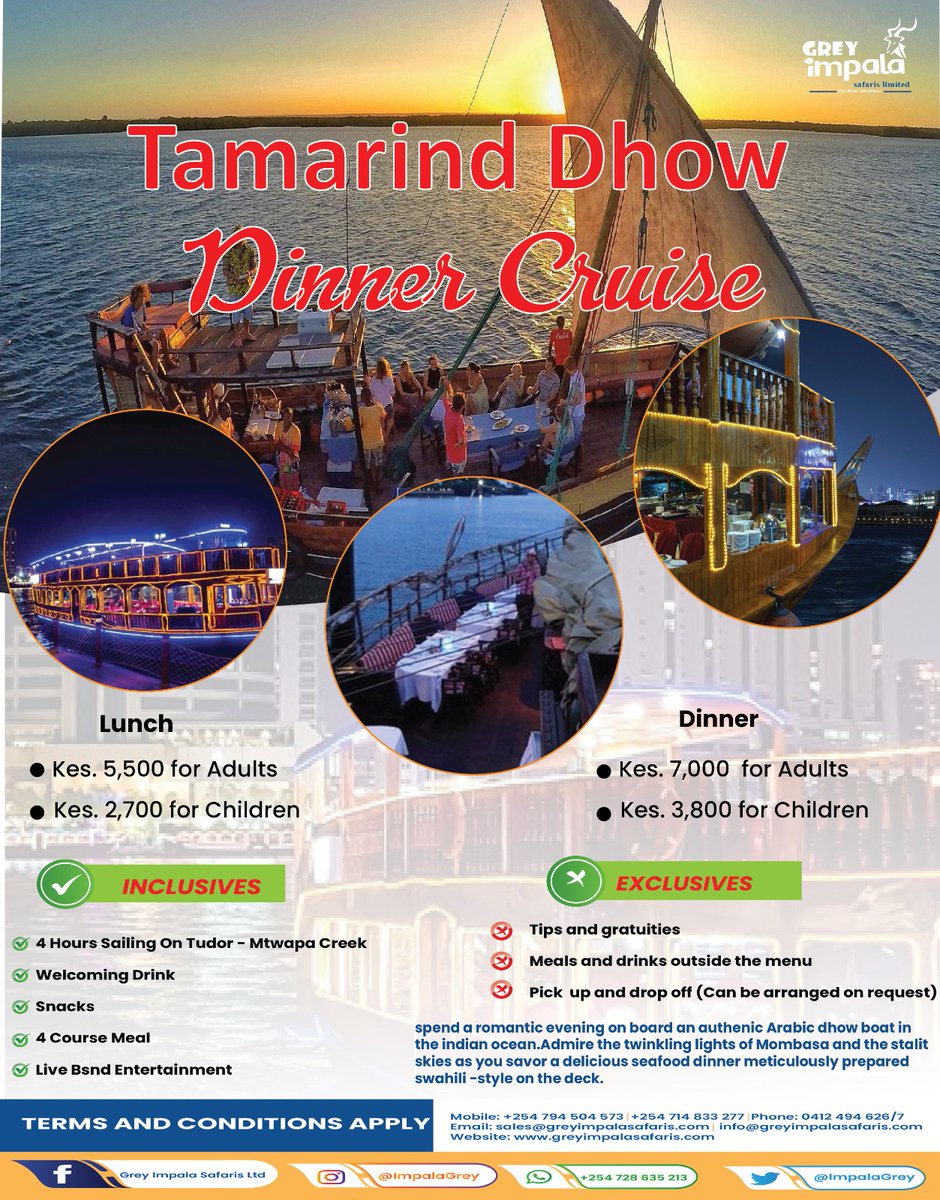 ImpalaGrey's tweet photo. Take a cruise around Mombasa while enjoying a tasty seafood meal,
For bookings call us on 0794504573
#Tamarinddhow #Mombasa #Adventure #Travel #Safari #Tourism #Greyimpalasafaris https://t.co/qe8YeOB6YM
