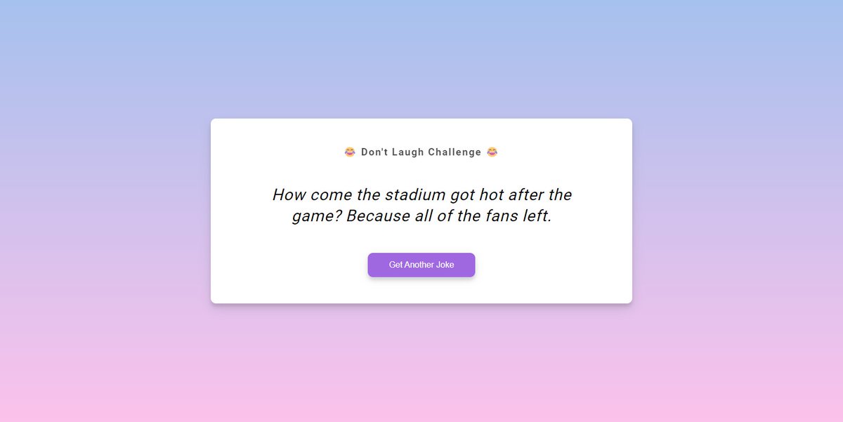 RaveeshSamkaria's tweet image. Day 10/50 - #50days50projects
Project - Dad Jokes
GitHub Link - github.com/raveeshsamkari…

#50daysofcodingchallenge #webdevelopment #learningeveryday #codingjourney #codingchallenge #funny  #jokes ‍