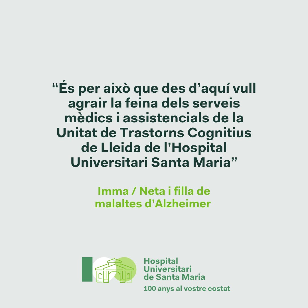 GSS_Lleida's tweet photo. Gràcies per les teves paraules, Imma 💚
La història que explica l'Imma en un article al diari @LaManyanacat sobre l'Alzheimer és commovedora i sentida.
Des d'aquí agraïm la menció a la nostra tasca.
#100anysalvostrecostat #hospitaluniversitarisantamaria #HUSM #GSS https://t.co/HvlG0AomHd