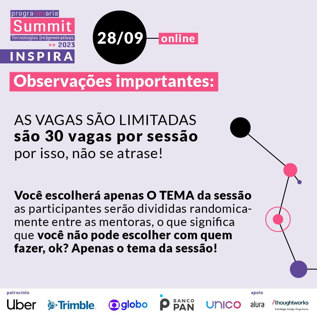 programaria's tweet image. A nossa agenda de hoje tá SENSACIONAL!!! #PrograMariaSummit2023 o #Inspira é 100% on-line está imperdíveeeel!!!!
📣 Além das palestras a agenda do #Inspira 28/09 conta com as Mentorias também!
✅ Ingressos on-line são gratuitos buff.ly/3ru6XjE