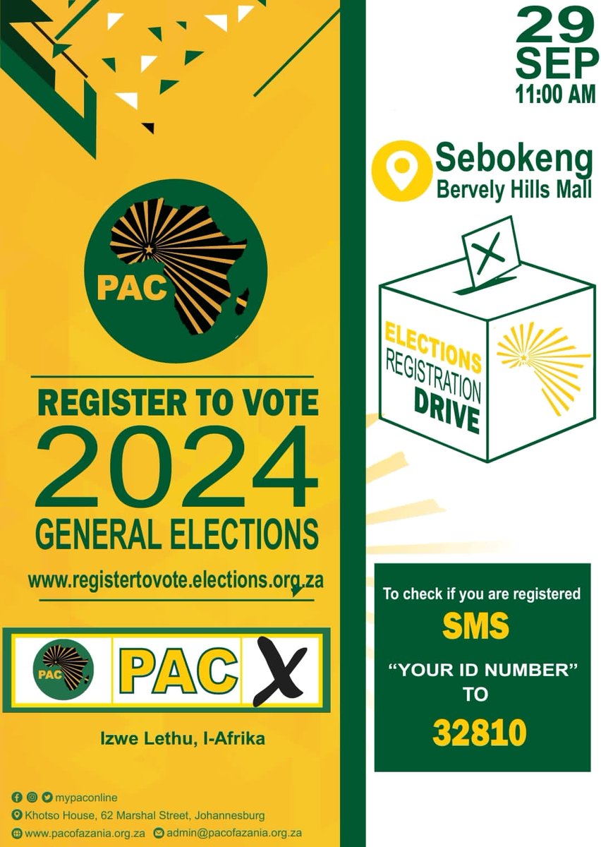 LetlapaMphahlel's tweet photo. #PacFriday
Tomorrow, we are at Evaton/Beverly Hills mall, Vaal in Gauteng. Spot is Taxi rank inside the mall.
Come join us for voter registration campaign and PAC membership recruitment. Also you can check if you are registered to Vote. https://t.co/IQKNefKhMp
