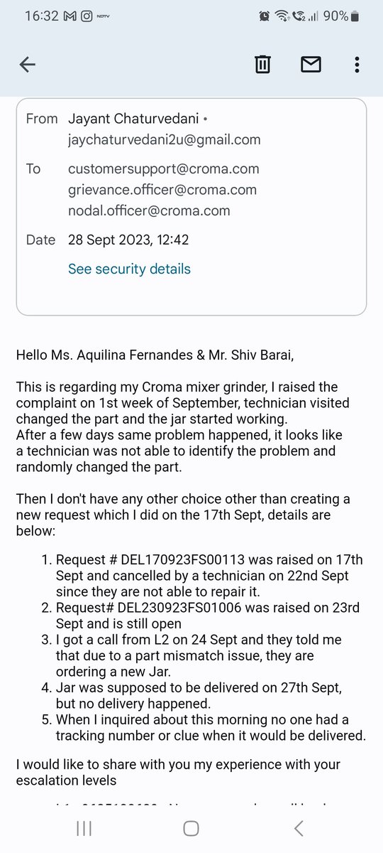 jc_jayant's tweet photo. @cromaretail pathetic service from Croma. Your grievance and nodal offices are also sleeping, please help me out with replacement of my product. #don'tbuycroma https://t.co/SFKTAbDJ6p