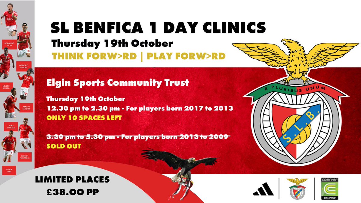 ElginSportsCT's tweet photo. NOT LONG NOW UNTIL COACHES FROM PORTUGUSE CHAMPIONS SL BENFICA ARRIVE IN ELGIN 🔴⚪️ 🦅
Find out what is like to train with one of the Worlds best academies 🇵🇹
Only 10 spaces left for 2017-2013 players – THURSDAY 19 OCTOBER 1230-1430
BOOK TODAY
#FORWARDFOOTBALL https://t.co/irBja5Kzr5