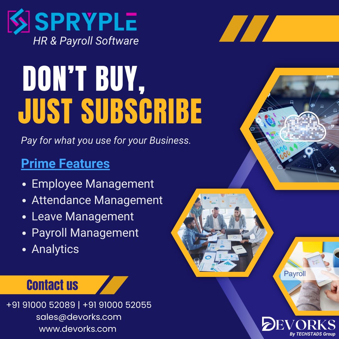 Devorks1's tweet photo. 💸Spryple HR &amp; Payroll Software💸
DON'T BUY, JUST SUBSCRIBE
Pay for what you use for your business.

📞Call Now: +91 9100052089 | +91 91000 52055
🌐Visit: https://t.co/cbwyO8Sj3h
.
.
#hrmsoftware #HRServices #HRMS #HRModules #payrollsoftware #payrollservices #payrollsupport https://t.co/R4xKpWbqS1