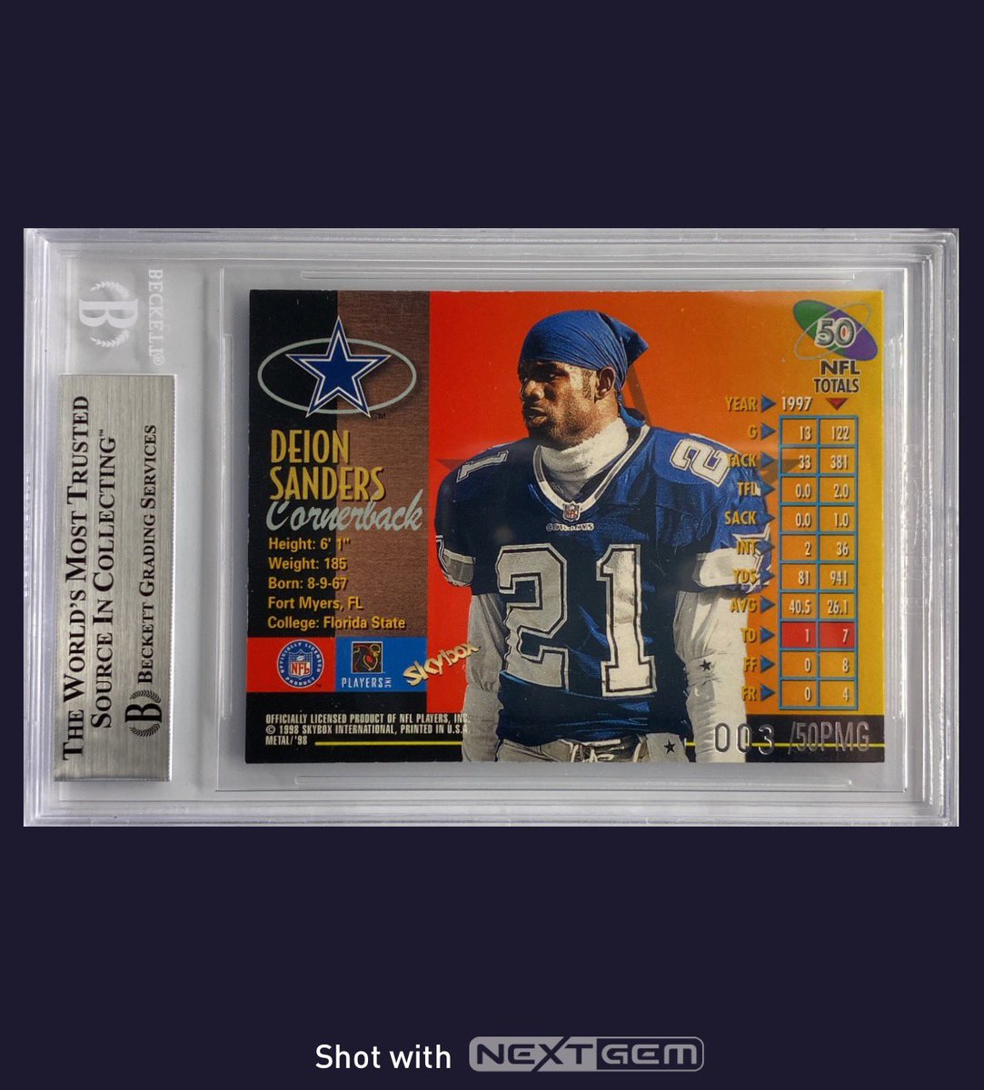 DEION “PRIME” SANDERS 1998 METAL UNIVERSE PRECIOUS METAL GEMS BGS 8.5 (POP. 1 HIGHEST GRADE) #3/50

This came in yesterday courtesy of Deion Sanders super collector Jacob ‘North Shore Cards’. My first deal with Jacob &amp; I can’t wait to do many more. 

There are only four copies of