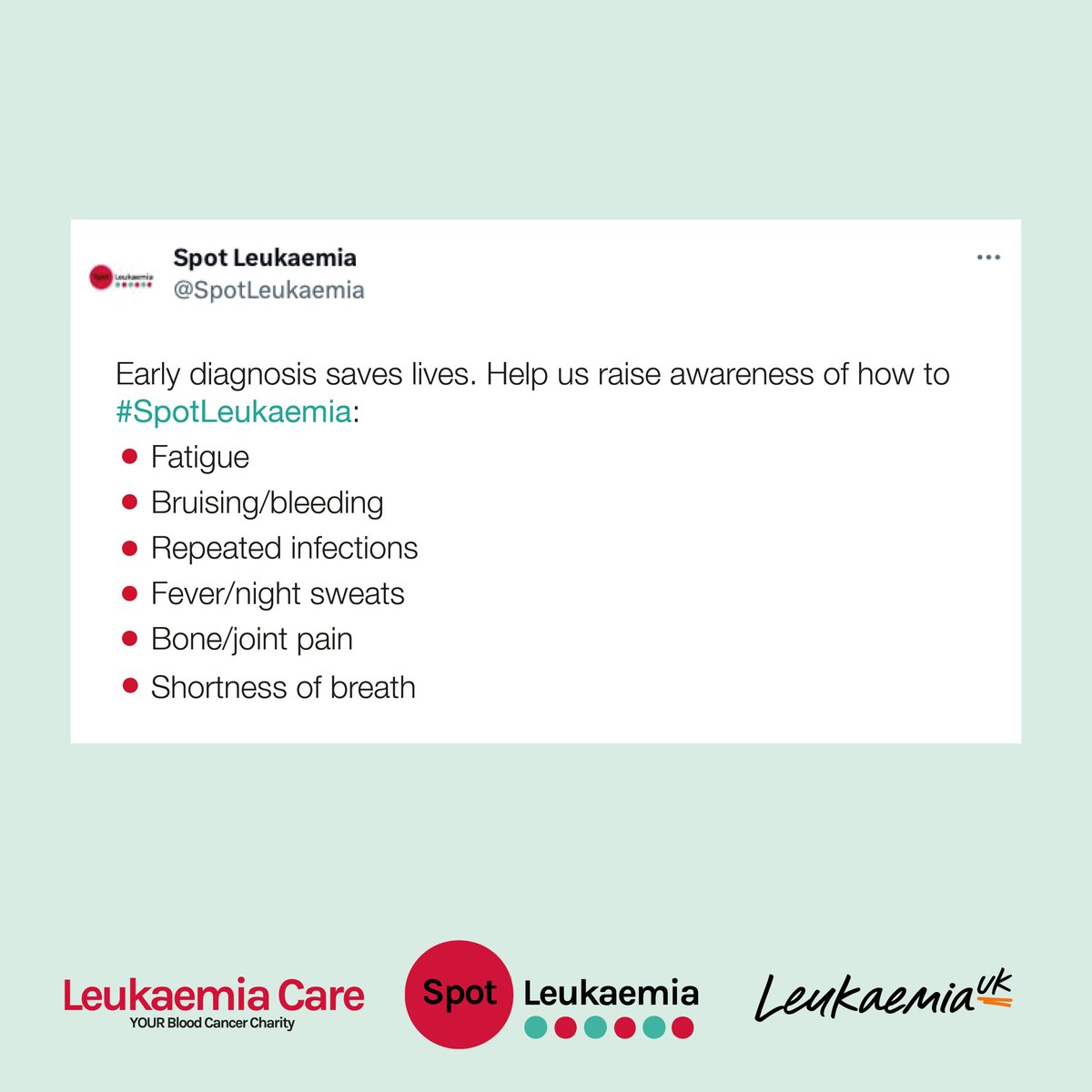 Many people aren’t aware of the signs and symptoms of leukaemia until they, or someone they know, is diagnosed. 🩸

This is why we need your help in reaching the general public so that everyone is able to #SpotLeukaemia sooner.

Please RT and help us spread the word. 🙏