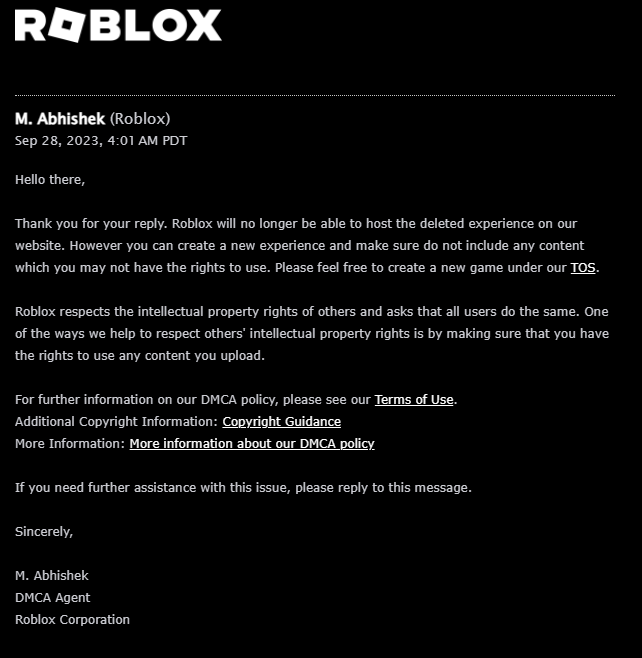 Nahid / DrDarkMatter on X: IMPORTANT: An alarming precent is being set on  Roblox. My game, Guesty, which has almost 100M visits, has been completely  taken down over a DMCA from the