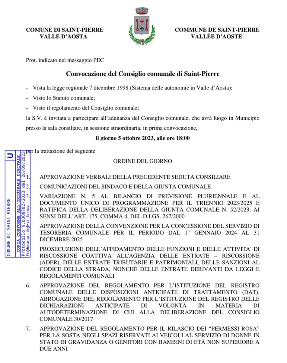 mascaro_armando's tweet photo. Convocazione consiglio comunale indetto per il giorno 5 ottobre ore 18.00.
Nell'ordine del giorno troverete 5 punti che discuteremo in aula! #saintpierre #riparte #sempredallapartedeicittadini 🇮🇹 https://t.co/vhYXEEZ9s7