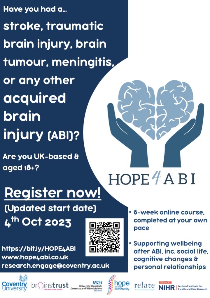 HOPE4TC's tweet photo. @Covcampus is conducting a trial to improve the lives of people with acquired #braininjuries, like #stroke, #BrainTumour, #Encephalitis,#Meningitis, or head injury. You can make a difference by sharing or signing up! 💪💛 #HOPE4ABI @NIHRresearch
Sign up: https://t.co/MEGdFthRI1 https://t.co/6mATvTcD1c