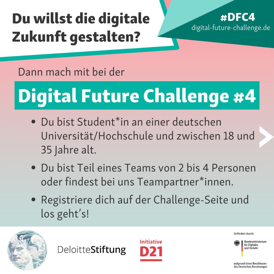 Die Digital Future Challenge #DFC4 startet heute! Der Hochschulwettbewerb bietet Studierenden die Möglichkeit, sich mit dem Thema Künstliche Intelligenz und dem verantwortungsvollen Umgang damit auseinanderzusetzen 🚀und dabei Preise im Wert von 10.000 EUR zu gewinnen! 1/
