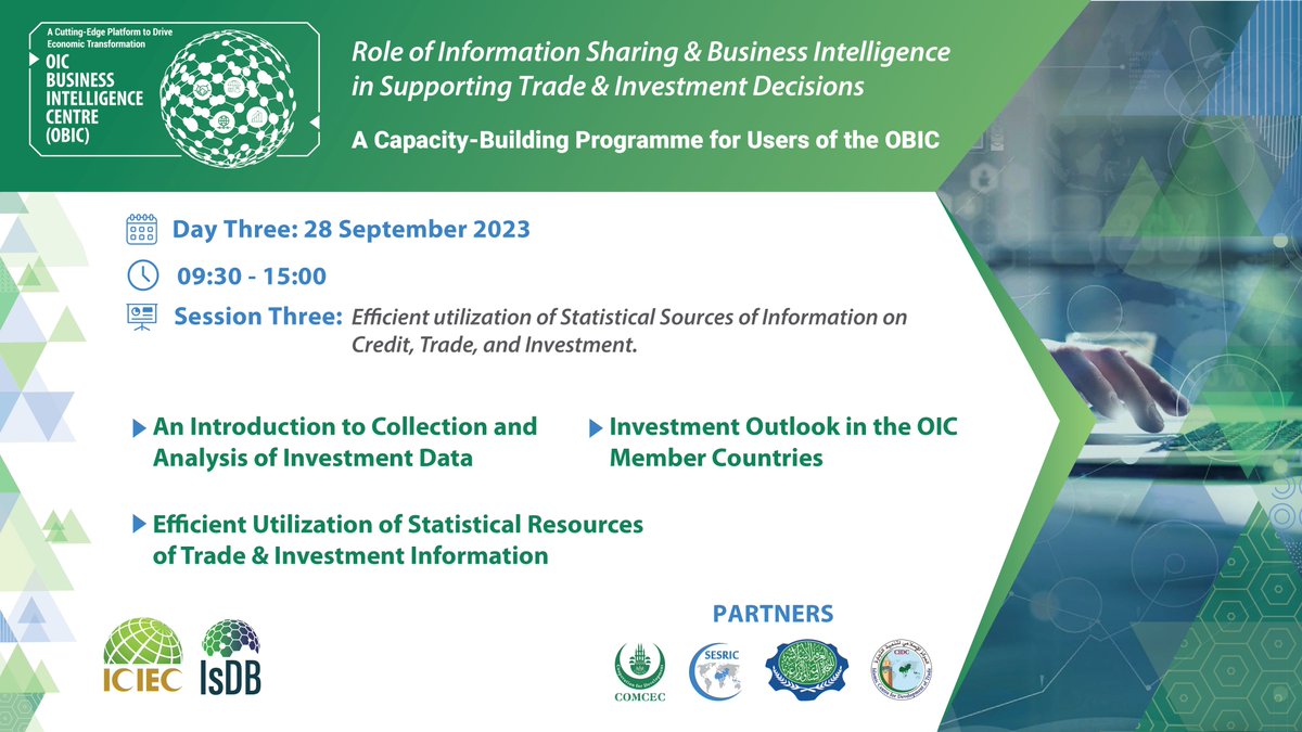 ICIEC_IDB's tweet photo. Happening Now: “Efficient Utilization of Statistical Sources of Information on Credit, Trade, and Investment.”
#ICIECImpact #CapacityBuilding #SDGs #TradeDevelopment #OBIC #BusinessIntelligence https://t.co/66MWF7YFbx