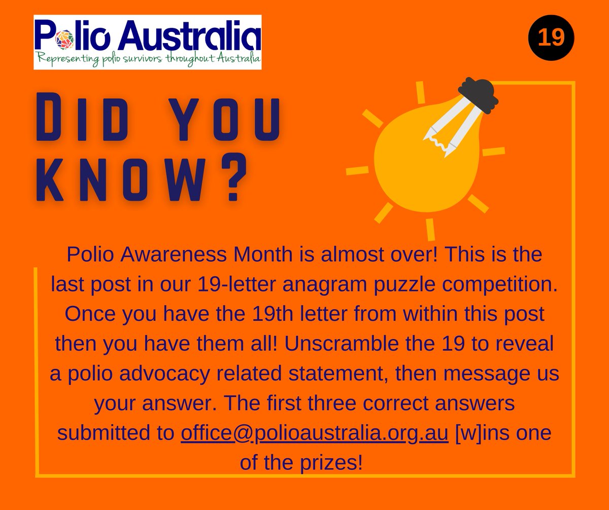 PolioAustralia's tweet photo. LAST DAY! 🎉 The first three correct answers submitted to office@polioaustralia.org.au [w]ins one of the prizes! @Bunnings 
@ausgov @EndPolioNow @Rotary @gatesfoundation @AAPNewswire
#PolioAwarenessMonth #PolioSurvivors #PostPolioAwareness #StillHere #PPS #PostPolio https://t.co/3XmAz7Wk5M