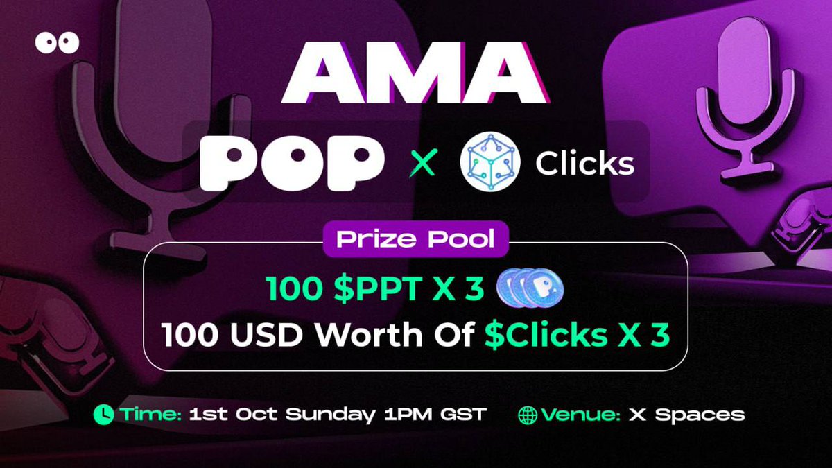 Clicks_chain's tweet photo. 🆒 Exciting News!⭐️

🎧 Join us on the 1st of October, Sunday, at 1 PM GST for an incredible AMA session with two groundbreaking projects!

🌐 ClicksChain is on a mission to revolutionize social media with a fully decentralized, private platform. Say goodbye to data privacy concerns and get ready for a seamless and secure social media experience. Connect, share, and explore diverse communities, all while earning tokens! Visit their website [here]

🚀 Pop is a web3 social media app that rewards users and creators with Pop Tokens for content creation and engagement. They're launching their Pop token in September and have exciting plans, including their own NFT marketplace and AI integration. Download Pop from Google Play and the App Store to start earning rewards! Check them out [here]

Don't miss this opportunity to learn more about these projects and win rewards! See you there! ✨💰

🤝 #CryptoRevolution #SocialMediaEvolved #AMA