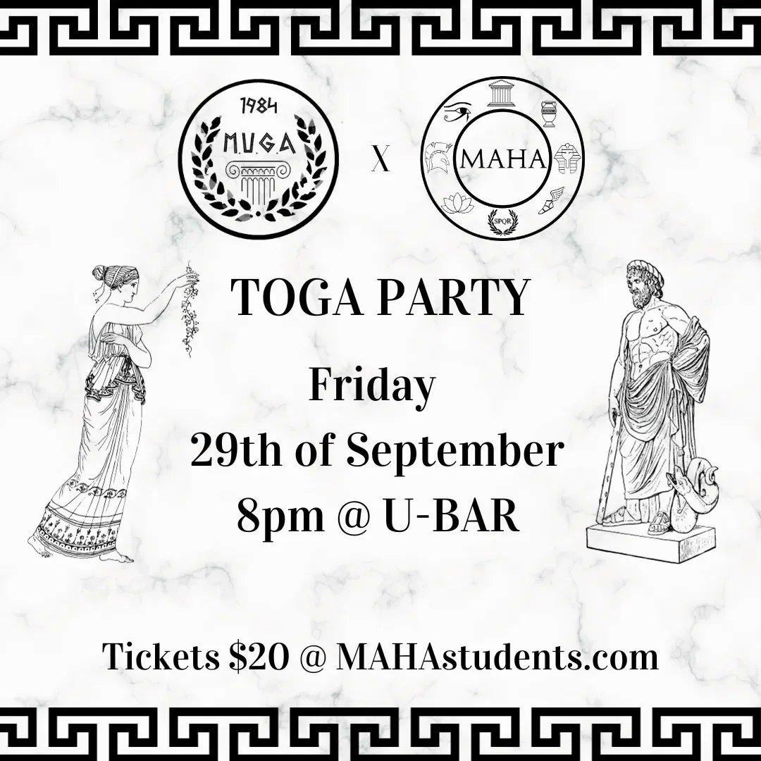 MAHA Students (@mahastudents) on Twitter photo UPDATED TIME. The MAHAxMUGA party will now start at 8pm tomorrow at Ubar! If you haven't got your tickets yet, either head to our website or tickets will be available at the door!
We can't wait to see you there! UPDATED TIME. The MAHAxMUGA party will now start at 8pm tomorrow at Ubar! If you haven't got your tickets yet, either head to our website or tickets will be available at the door!
We can't wait to see you there!