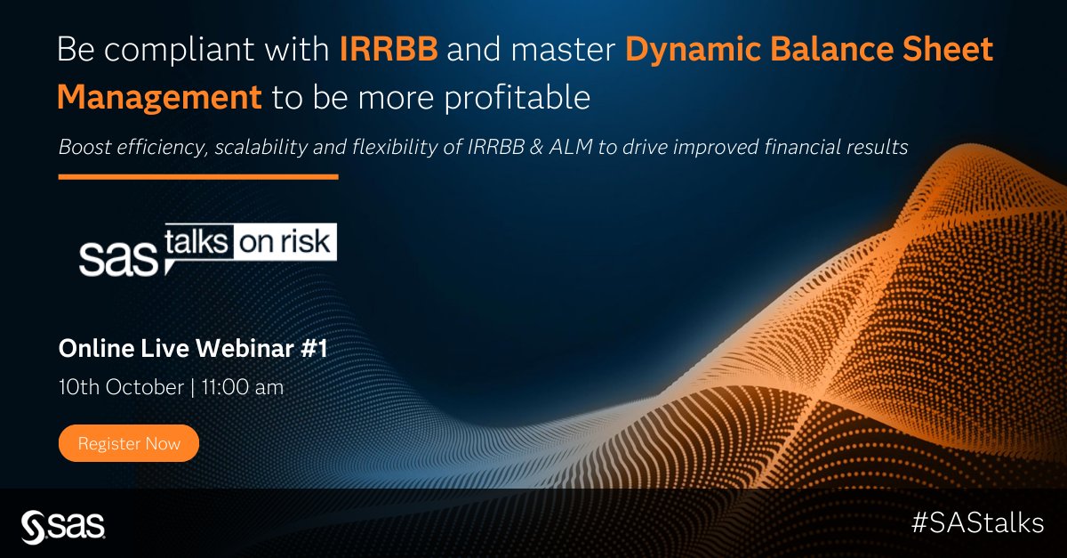 SAS_Hungary's tweet photo. Join our webinar to learn how to comply with #IRRBB and master Dynamic Balance Sheet Management to drive strategic business value and improve financial results. This is online and complimentary!

Tuesday | 10 October 2023 | 11:00 AM CET  https://t.co/yGx40byRkp https://t.co/jwS5T47UBr