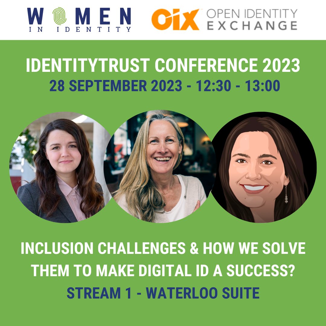 If you're attending the Identity Trust Conference today, make sure to attend the panel session in the Waterloo suite at 12:30pm, where #WomenInID Executive Lead @sarahlwalton will participate in a panel about inclusion challenges and our #IDCodeOfConduct 🤩 @OpenIDExchange