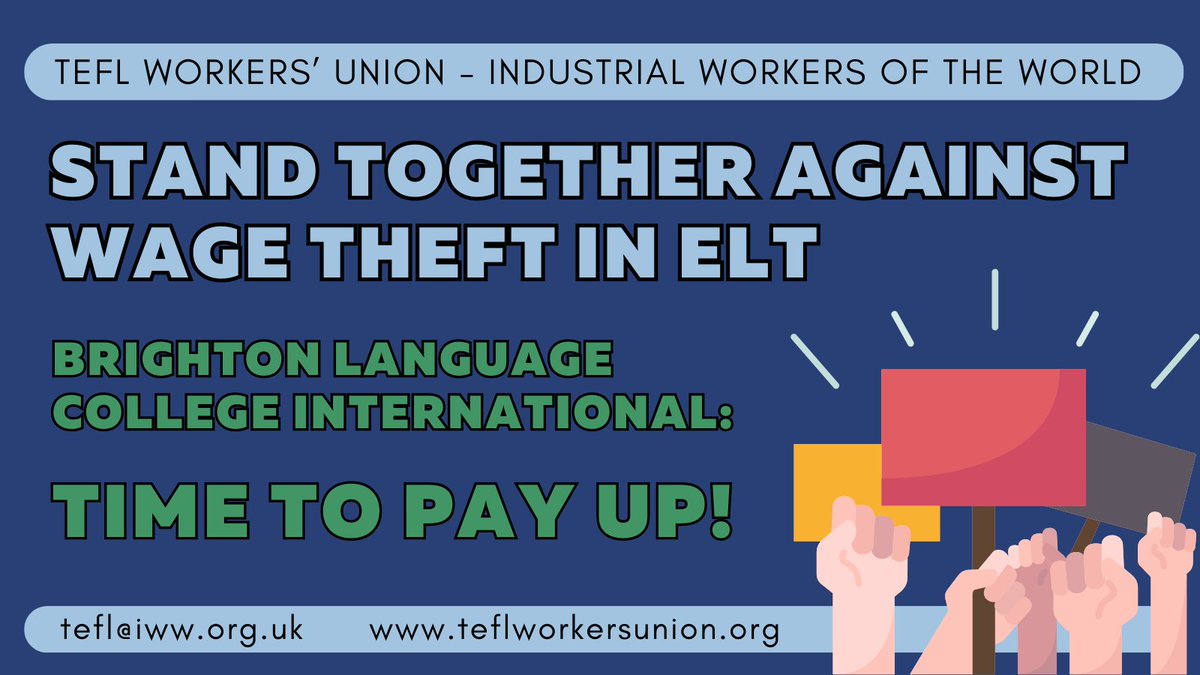 TEFL Workers' Union (@teflunion) on Twitter photo 🫶🫶🙏🙏✊✊
We want to thank everyone who joined yesterday's 🚨twitterstorm🚨targeting <a href="/brightonlc/">blcinternational</a>.
Bad bosses need to learn that there's a whole world of #elt activists to hold them to account.
Brighton Language College: time to sort this out (or we'll be back!) 🫶🫶🙏🙏✊✊
We want to thank everyone who joined yesterday's 🚨twitterstorm🚨targeting <a href="/brightonlc/">blcinternational</a>.
Bad bosses need to learn that there's a whole world of #elt activists to hold them to account.
Brighton Language College: time to sort this out (or we'll be back!)