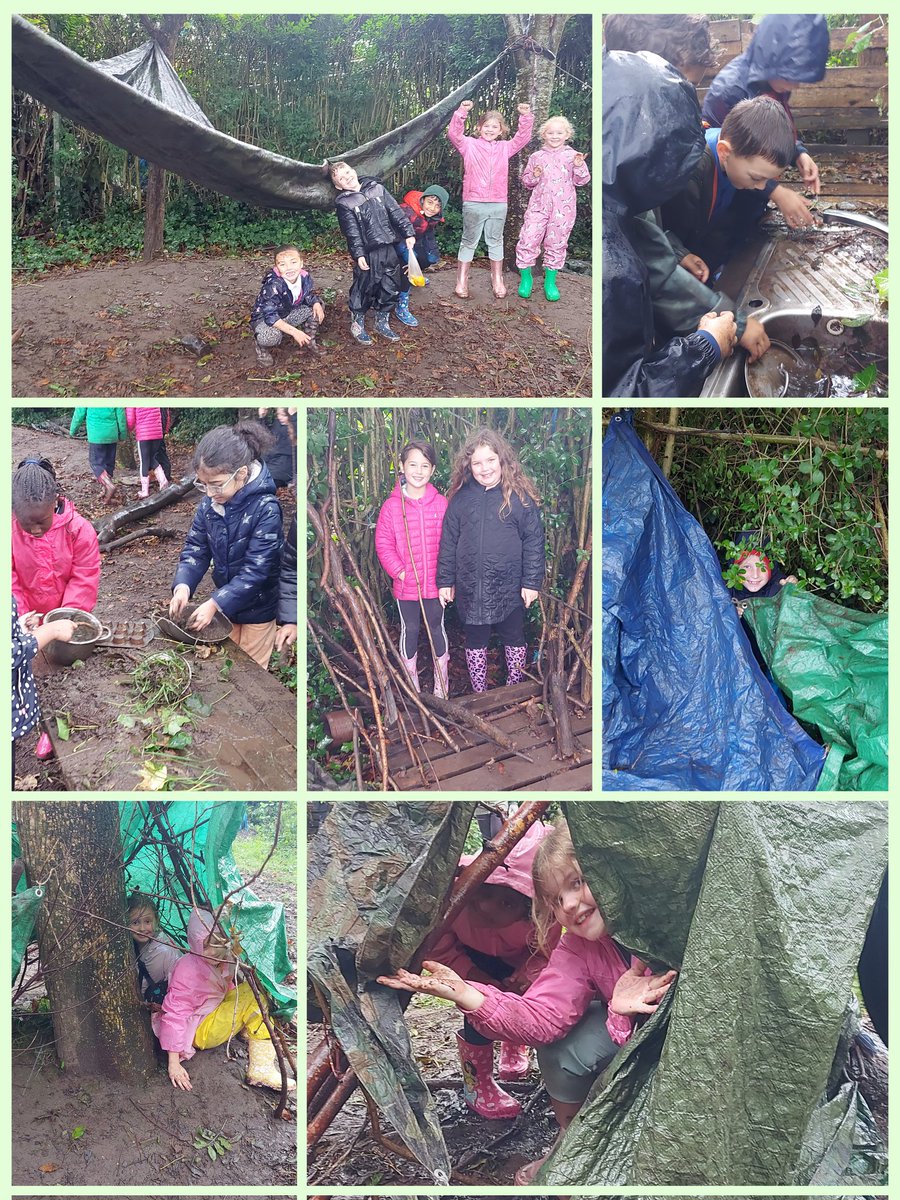 Our first session in Forest School started with rain. These children were not put off one bit. 
They got straight in with building a den to keep themselves dry. @coedglas2027 @coedglas
