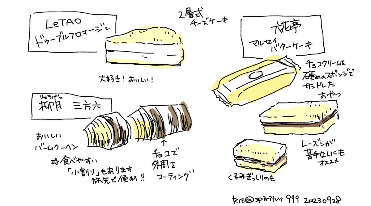 小樽のフェリー乗り場のそばにルタオ・六花亭・柳月という北海道有名おやつのお店が揃っていたのでとりあえず好きなものを最速で描き連ねてみた
色々なところにお店あるし北海道物産展にもよく出展してるから手に入れやすいものばかりだけど、おいしいものはおいしいよね… 