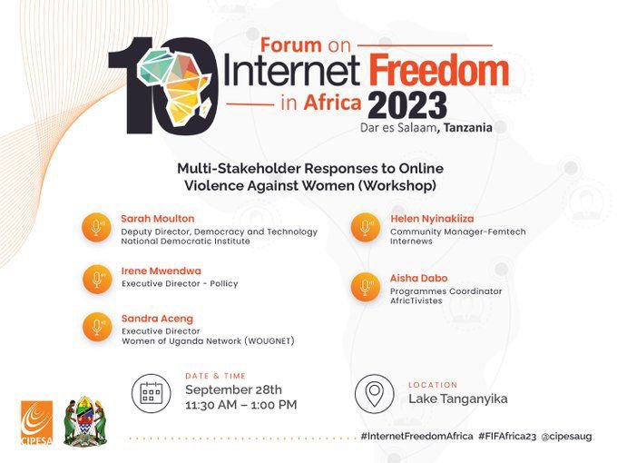 📢Reminder📢: Join today’s #FIFAfrica session between 
11:30 AM – 1:00 PM EAT,  Lake Tanganyika on Multi-Stakeholder Responses to Online Violence Against Women with  NDI, WOUGNET, Pollicy, Africtivites, and Internews, don’t miss!!!🤩

#InternetFreedomAfrica