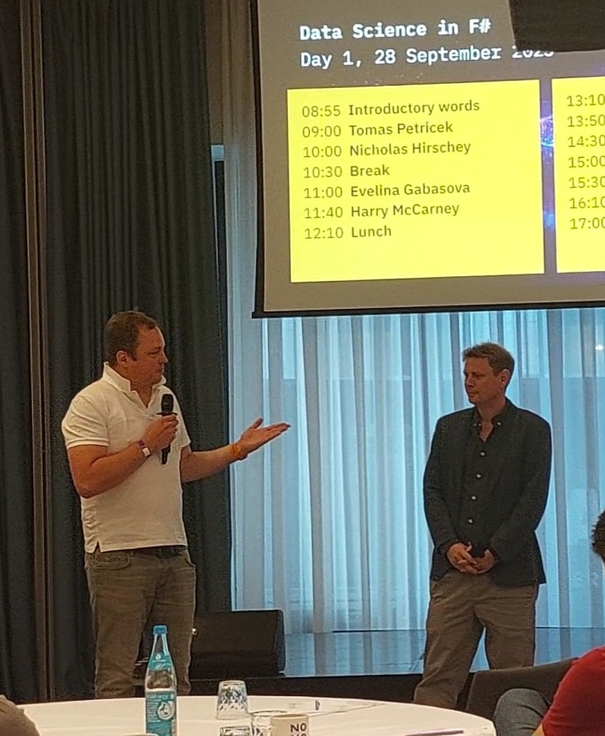 F# Online (@fsharponline) on Twitter photo A wonderful kickoff to #DataScienceInFSharp 8k Berlin by Timo and Harry.
Timo uses F# for bioinformatics, Harry for data science and logistics at <a href="/hackandcraft/">Hack&Craft</a>
#fsharp A wonderful kickoff to #DataScienceInFSharp 8k Berlin by Timo and Harry.
Timo uses F# for bioinformatics, Harry for data science and logistics at <a href="/hackandcraft/">Hack&Craft</a>
#fsharp