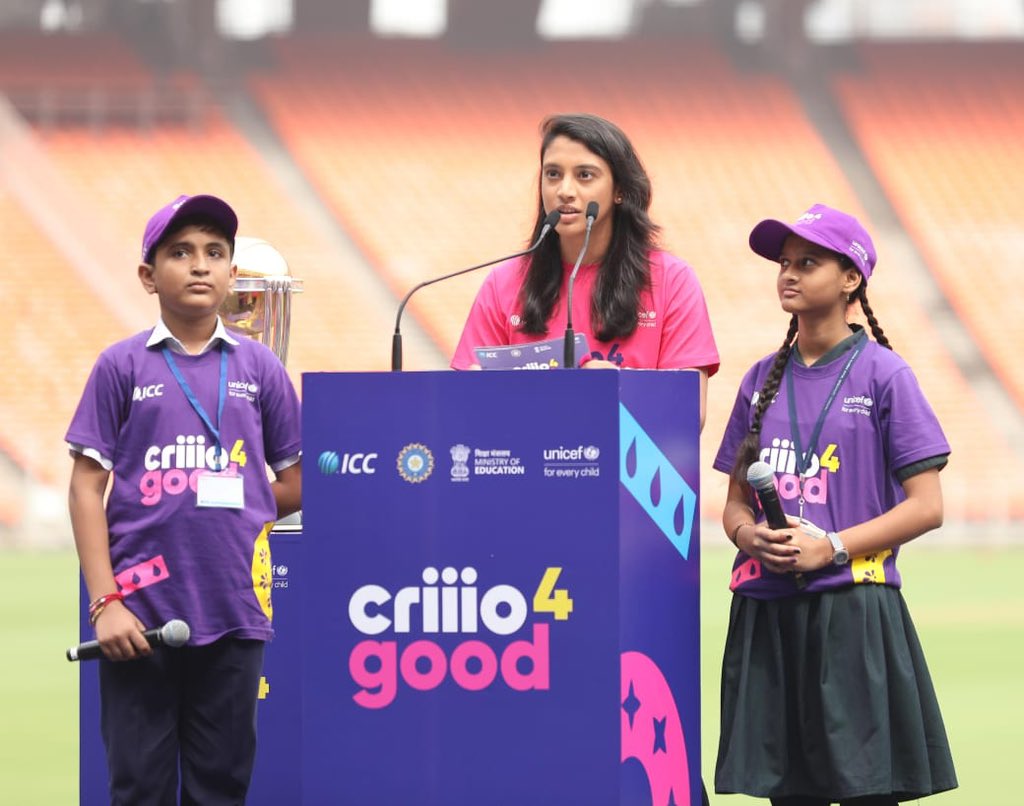 dpradhanbjp's tweet photo. Pleased to launch the #Criiio4Good campaign at the Narendra Modi Stadium in Ahmedabad together with Dr. Kuberbhai Dindor, Shri @prafulpbjp, Ms. @MsCMcCaffrey, Shri @JayShah and Ms. @mandhana_smriti.
A joint initiative of @ICC, @BCCI, @UNICEF and @EduMinOfIndia, ‘Criiio 4 Good’ is a series of 8 cricket-based animation films to promote gender parity, equip girls with life skills and encourage their participation in sports.
