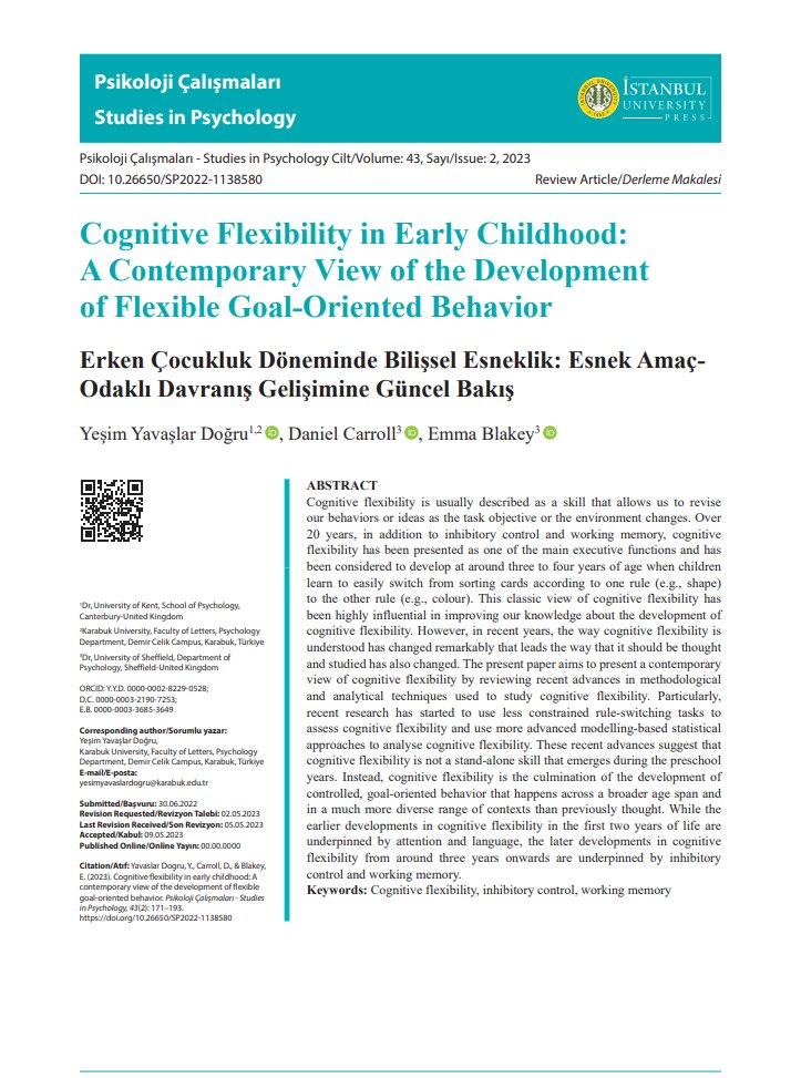 Yeşim Yavaşlar Doğru, Daniel Caroll ve Emma Blakey’in “Erken Çocukluk Döneminde Bilişsel Esneklik: Esnek Amaç-Odaklı Davranış Gelişimine Güncel Bir Bakış” başlıklı makalesi son sayımızda: iupress.istanbul.edu.tr/tr/journal/sp/… #OpenAccess #Psikoloji