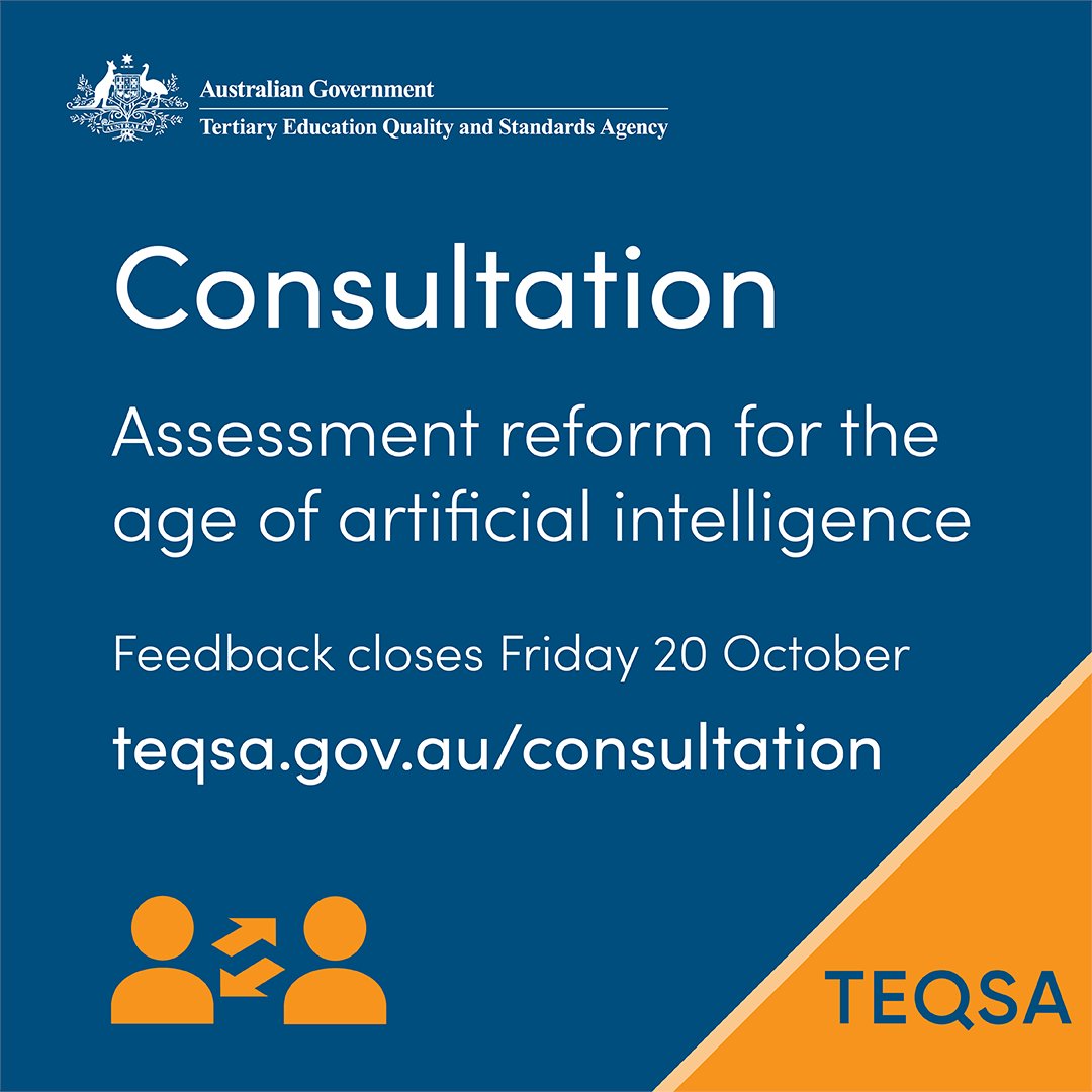 With leading Australian experts, TEQSA has supported the development of assessment reform guiding principles to support the #HigherEd sector in responding to the opportunities and risks posed by #GenAI. Feedback on the principles closes 20 October. 🤖 teqsa.gov.au/About-us/engag…