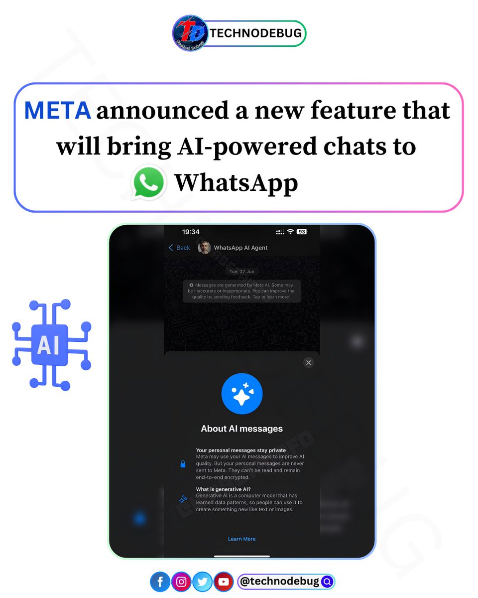 TechnoDebug's tweet image. New AI Powered Chat On WhatsApp
.
.
.
.
.
#technodebug #MetaAIChat
#AIWhatsApp #AIMessenger
#MetaAI #mark
#ConversationalAI
#chatbots
#NaturalLanguageProcessing
#MachineLearning
#FutureOfMessaging
#FututeOfCommunication
#Tech
#Innovation