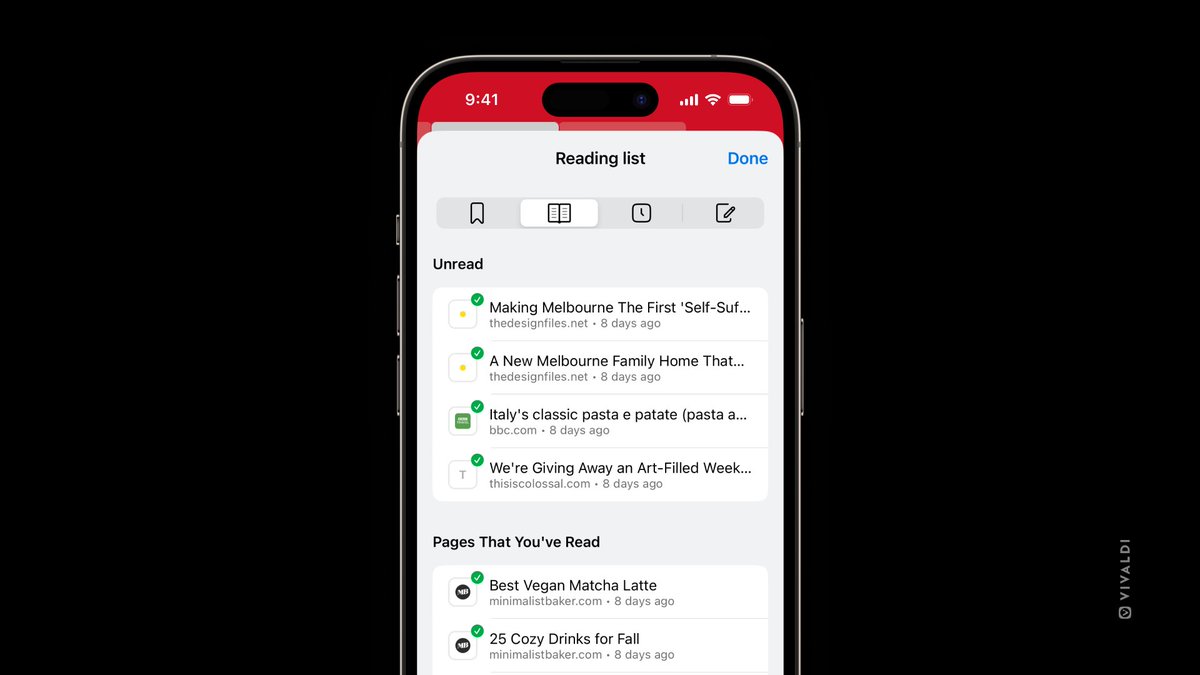 vivaldibrowser's tweet image. 📰 Never miss a story with the Reading List.

Add webpages to your Reading List, and get back to them whenever you have the time! And they can be synced too. Read wherever you want to, on your desktop, #Android, or even your car!
#VivaldiOniOs #iPhone

👉vivaldi.com/blog/vivaldi-b…