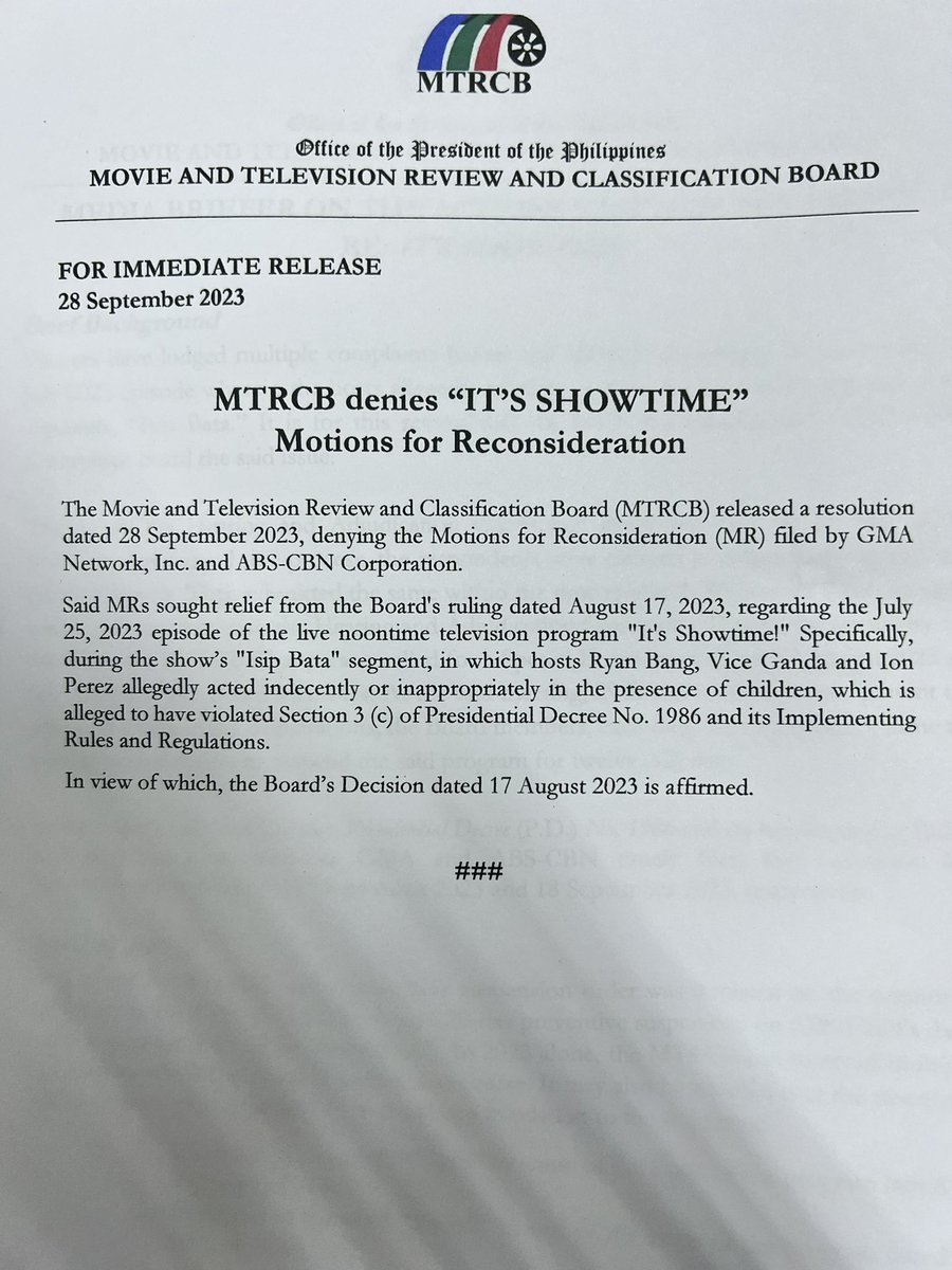 THIS JUST IN: MTRCB denies 'It's Showtime''s motions for reconsideration.