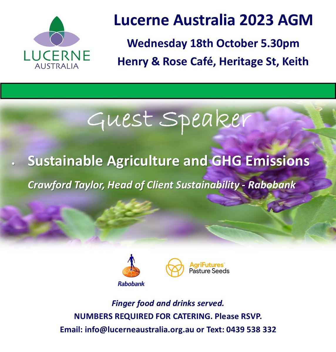 📌Lucerne Australia AGM, Wednesday 18th October 2023
⏰5.30pm @ Henry &amp; Rose Cafe, Keith SA.  
📅Executive Committee Nominations close Tuesday 10th October @ 6.00pm.