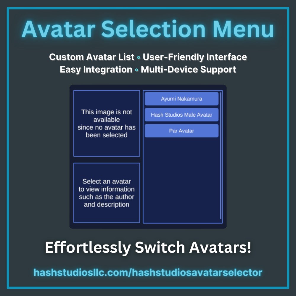 Exciting News! Hash Studios Avatar Selector is now available!

Elevate your VR world with this user-friendly Udon Unity prefab, offering seamless avatar management &amp; a variety of transformations!

hashstudiosllc.com/hashstudiosava…

#VRC #VR #Udon #MadeWithUdon