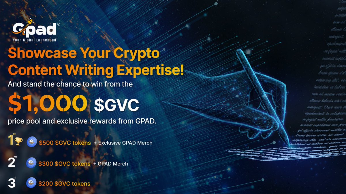GPAD_Official's tweet photo. 📢 Crypto Enthusiast this is YOUR moment!

Introducing the GPAD Thread Challenge. A golden opportunity to Showcase Your Crypto Content Writing Expertise! And stand the chance to win from the $1000 price pool and exclusive rewards from Gpad.

📜 Competition Details:

1. Your thread should focus on GPAD, its unique features, its impact on the crypto community, or any related topic that showcases its relevance in the current crypto landscape.

Length:

2. Minimum of 5 tweets and a maximum of 15 tweets.

Originality:

3. Your thread must be original. Plagiarized or copied threads will be disqualified.

Use of Multimedia:

4. Enhance your thread with relevant images, GIFs, or videos to make it more engaging!

📝 How to Participate:

1. Follow Us: Make sure you're following @GPAD_Official on Twitter.

2. Retweet: Retweet the competition announcement to spread the word.

3. Engage with our thread by replying to it with your entries.

4. Craft your thread and post it on Twitter.

5. Use the hashtag #GPADThreadChallenge in your thread.

6. Quote the first tweet of your thread and reply to this announcement tweet to ensure we don't miss it!

🎖 Prizes:

🥇 1st Place: $500 + $GVC tokens + Exclusive Gpad Merch

🥈 2nd Place: $300 + $GVC tokens + Gpad Merch  

🥉 3rd Place: $200 + $GVC tokens

🔍 Judging Criteria:

1. Relevance: How well does your thread relate to GPAD and its vision?

2. Content Quality: Clarity, accuracy, and depth of information.

3. Thread Engagement 

4. Presentation: Use of multimedia, coherence, and aesthetics.

📚 Materials and Resources:
To help you get started, we've prepared a resource package that includes:

Official GPAD Whitepaper: https://t.co/fpAWwXgyxu

GPAD Logo and Visual Assets: https://t.co/wFqNrKKE5i

Official GPAD Medium page: https://t.co/3kyH0Zl1X0

Feel free to use these materials to make your thread informative and visually appealing!

📅 Timeline:

Start Date: 28th September 2023

Submission Deadline: 12th October 2023

Winner Announcement: 19th October 2023

Spread the Word:

Let your crypto friends know about this competition! The more, the merrier. Good luck, GPAD enthusiasts! 

For any queries or further information regarding the competition, feel free to join our telegram and contact our moderators or visit our official website.

Gear up, GPAD community! Showcase your knowledge, insights, and creativity. Best of luck to all participants!

Gpad Official Links:
Linktree: https://t.co/HFaJSAaBsy