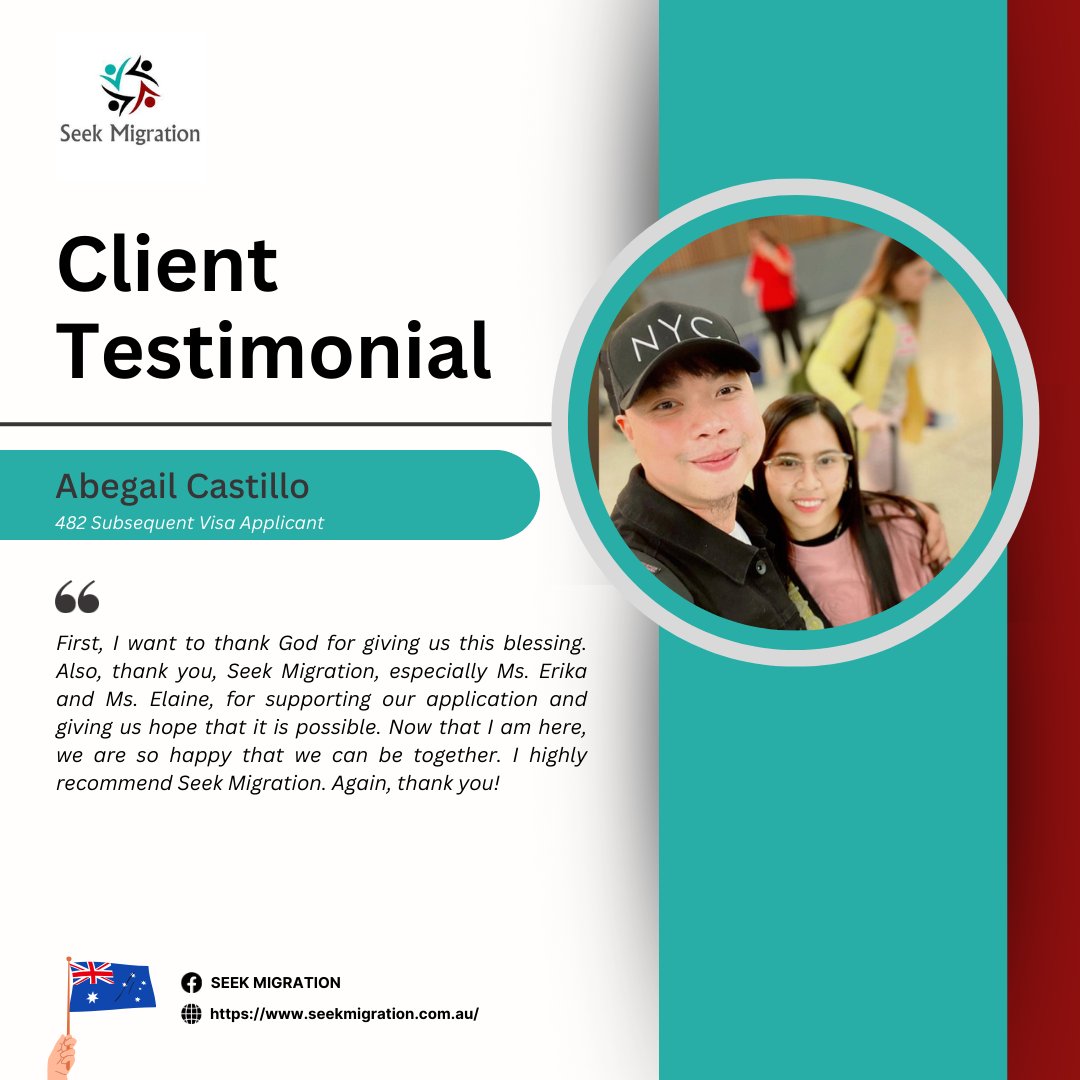 SeekMigration's tweet photo. When love conquers borders, dependent visas are granted! Our client's heartfelt words inspire us every day. Thank you for choosing Seek Migration. 🇦🇺
#AustraliaVisa #SeekMigration #SubsequentVisa #482Visa #DependentVisa https://t.co/i2yTajfRhI
