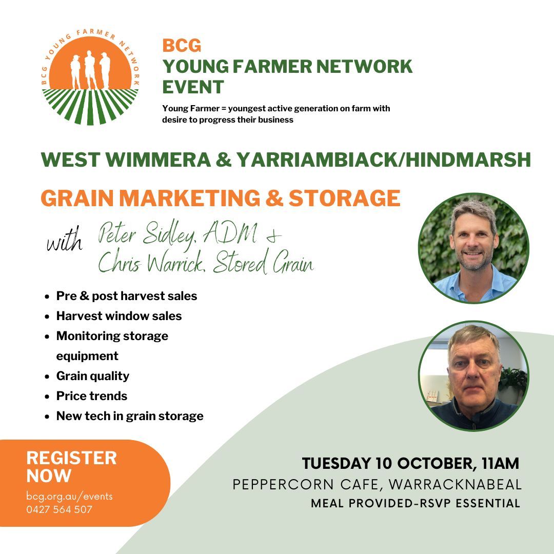 BCG_Birchip's tweet photo. Gain valuable information to help guide your storage and marketing decisions as we approach harvest at our next round of Young Farmer catchups.  
Meal provided. RSVP at https://t.co/zuupSO8WgZ https://t.co/G5UBVTnNP0