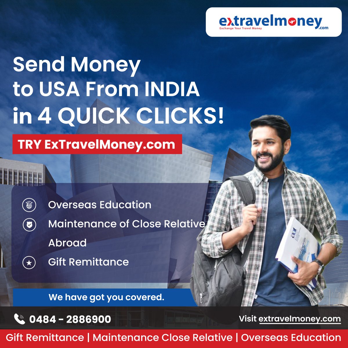 ExTravelMoney's tweet image. Send money to the USA from India seamlessly 🌍✈️ Only 4 quick clicks with extravelmoney.com. Perfect for overseas education, supporting family, or sending gift money 🎓👨‍👩‍👧‍👦🎁 #ExTravelMoney #SendMoneyAbroad #EasyRemittance #StudyAbroad 🇮🇳➡️🇺🇸